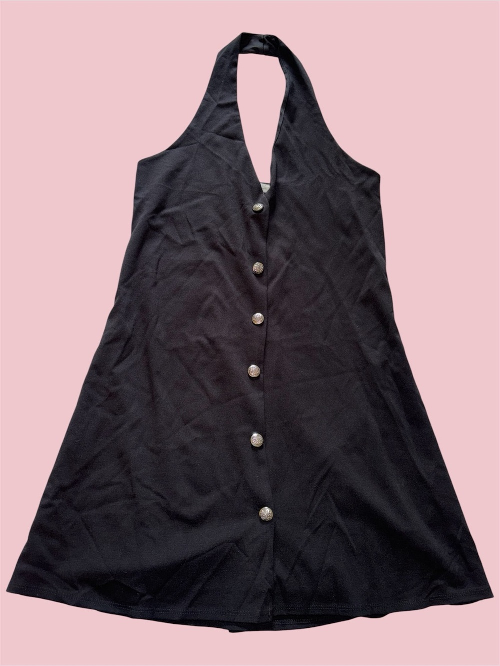 Hunter & Brown Black Halter Silver Button Front Mini Dress